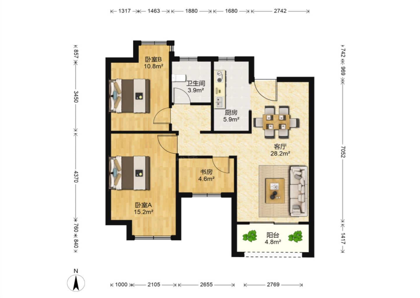 江景瑞园 3室2厅1卫 90m&sup2;