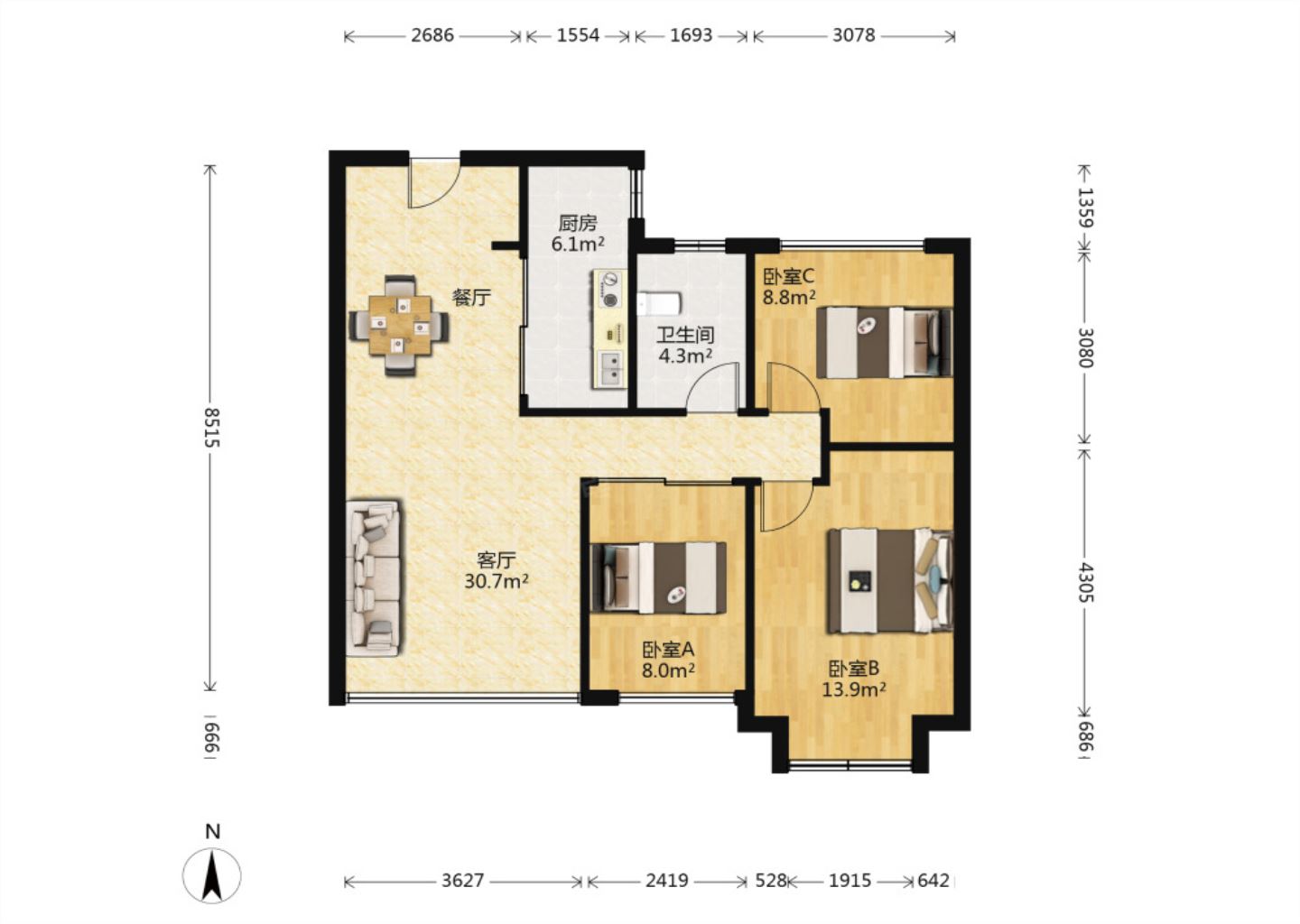 万达华府 3室2厅1卫 95m&sup2;