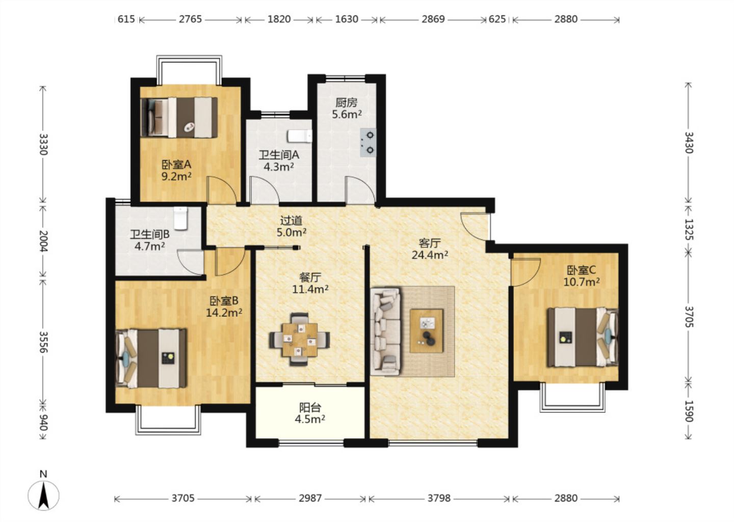 中南世纪花城三期 3室2厅1卫 136m&sup2;