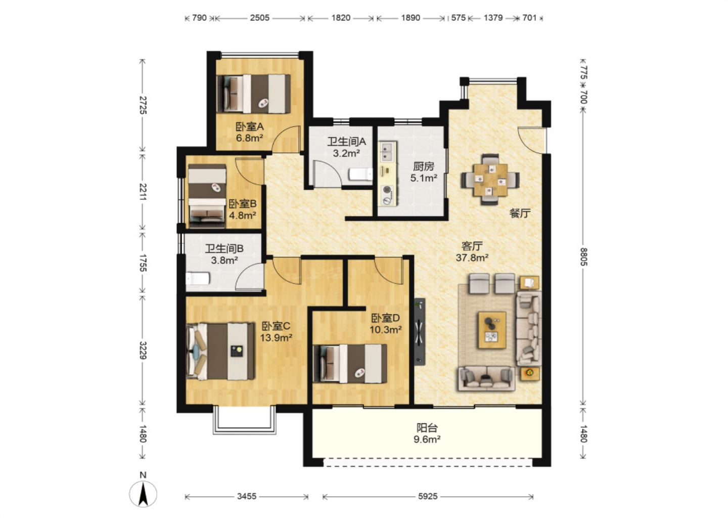 时光漫城 4室2厅2卫 124.04m&sup2;