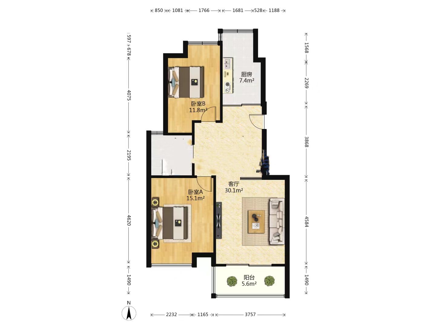 苏建阳光新城 2室2厅1卫 91.55m&sup2;