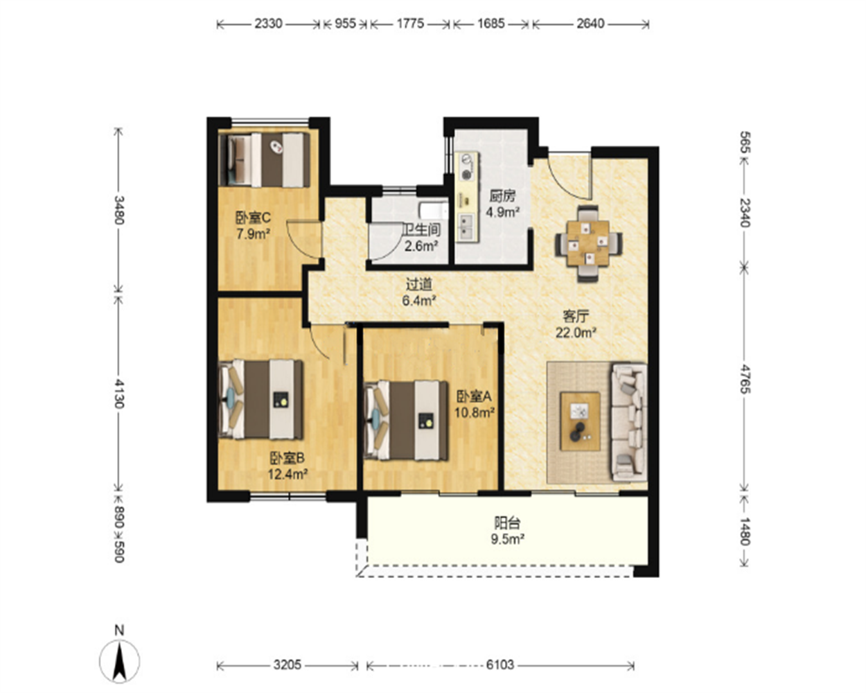 春风南岸东园 3室2厅1卫 96m&sup2;