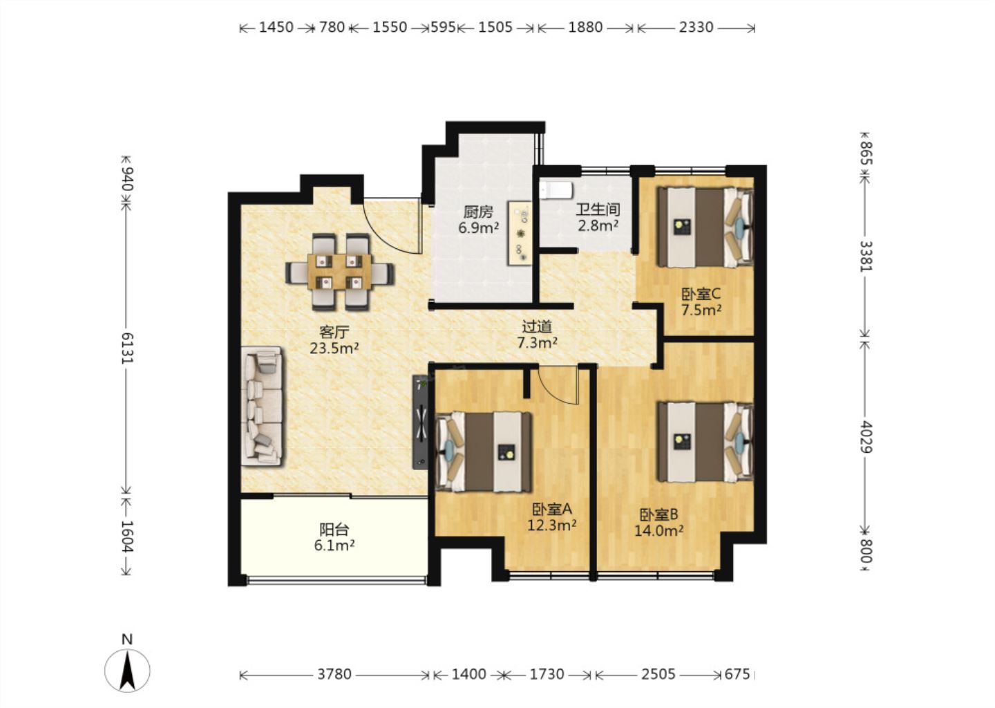 苏建阳光新城 3室2厅1卫 105.3m&sup2;