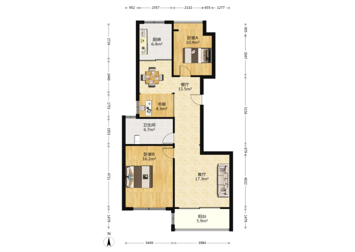 濠河经典苑 2室2厅1卫 106.77m&sup2;