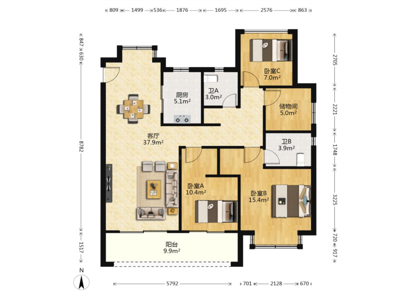 时光漫城 3室2厅2卫 125m&sup2;