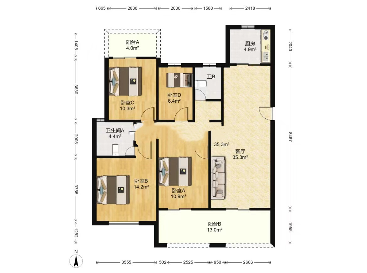 中南世纪花城三期 4室2厅2卫 143m&sup2;