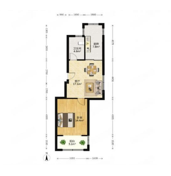 紫东南苑北区 1室1厅1卫 62.00m&sup2;