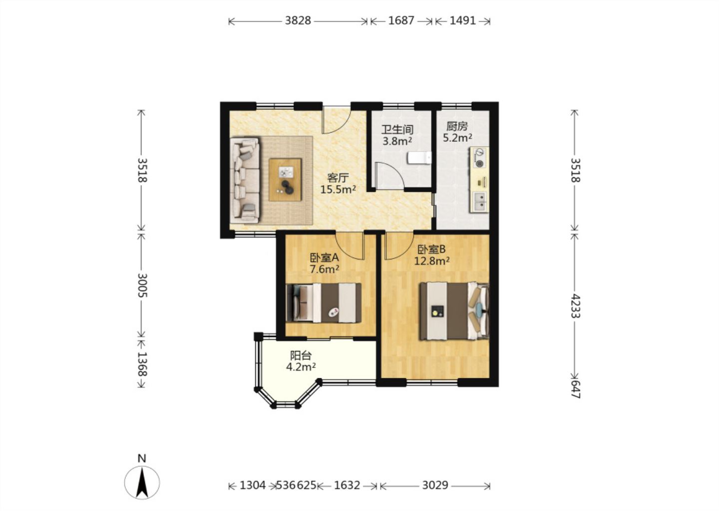 华能大厦 2室1厅1卫 68m&sup2;