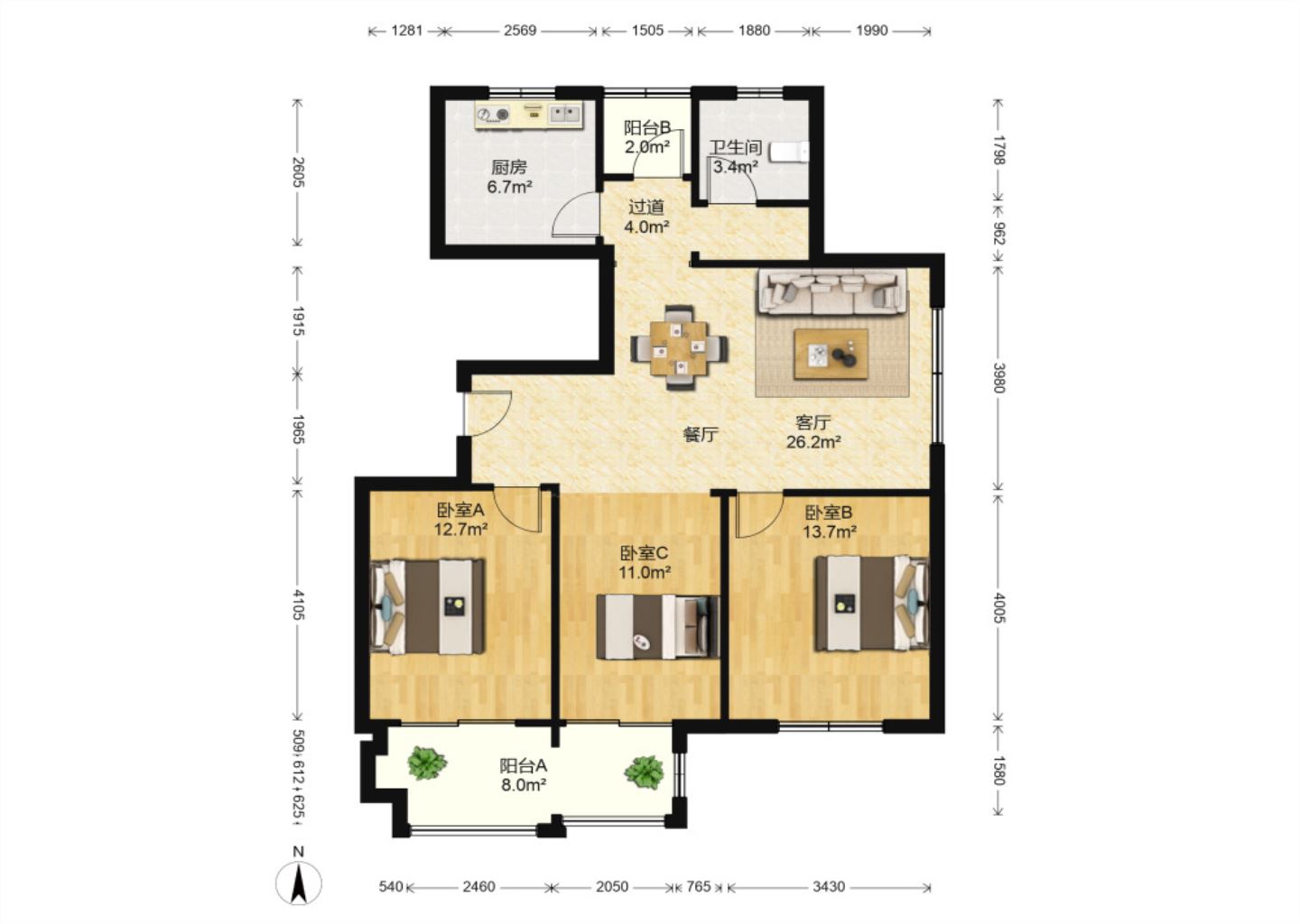 兴石花园 3室2厅1卫 119.00m&sup2;