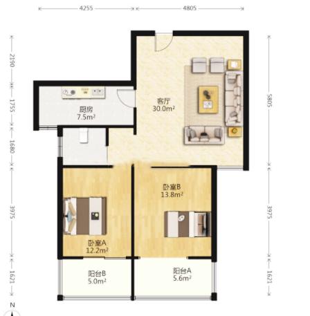 凤凰莱茵苑 2室2厅1卫 99m&sup2;