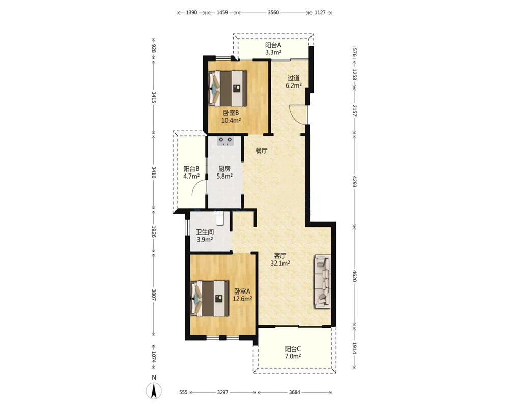 山水壹号 2室2厅1卫 92m&sup2;