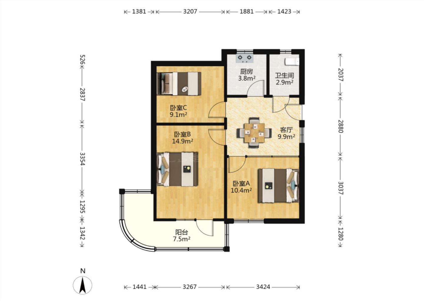 虹桥南村 3室1厅1卫 71.00m&sup2;