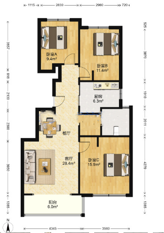 万濠世家 3室2厅1卫 110m²