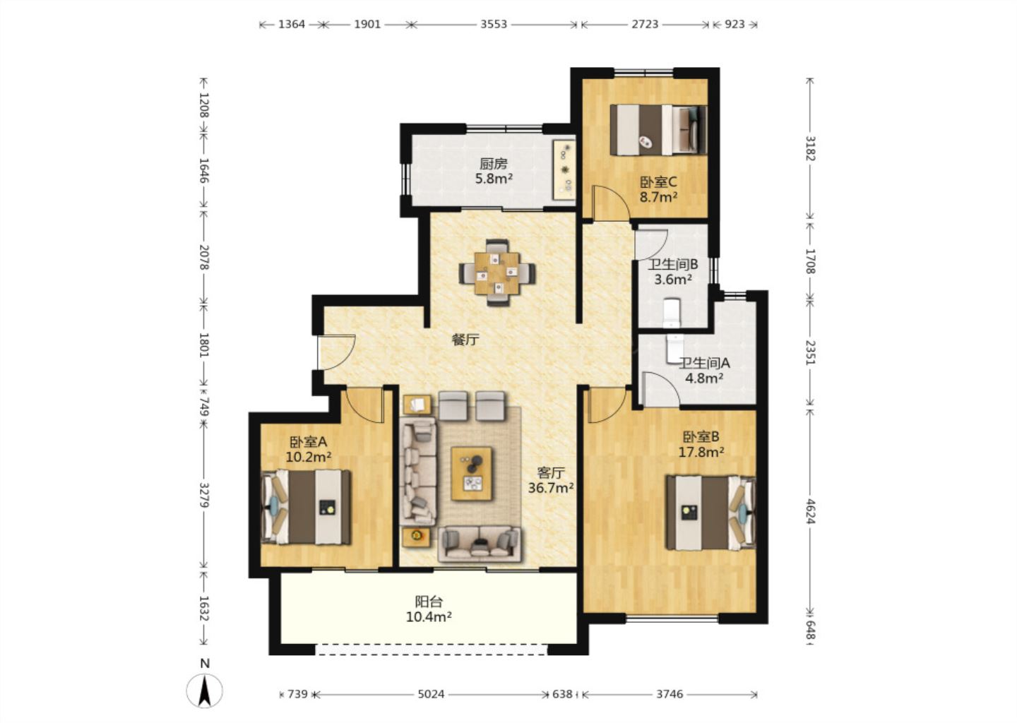 中海上东区 3室2厅2卫 125m&sup2;