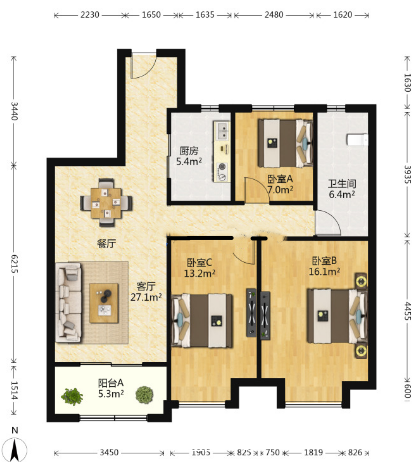 万科金域蓝湾 3室1厅1卫 108m&sup2;