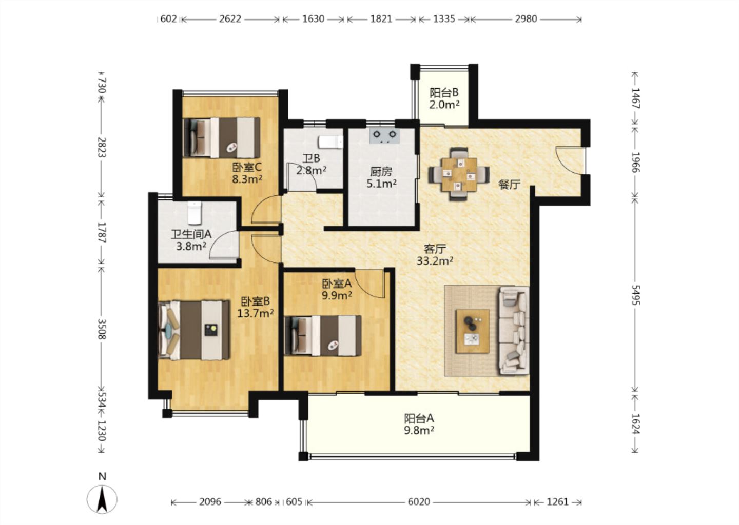 雍华府 3室2厅2卫 114m&sup2;