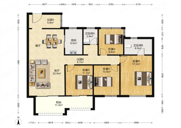 万科有湖（翡翠心湖） 4室2厅2卫 148m&sup2;