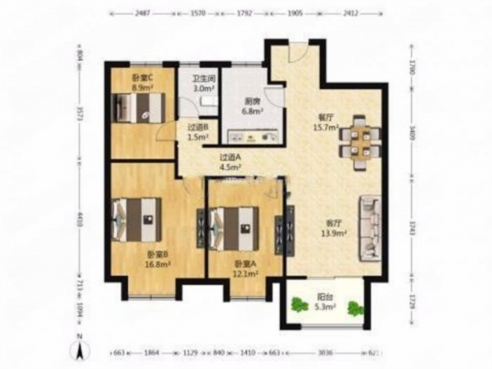 万科濠河传奇 3室2厅1卫 106.60m&sup2;