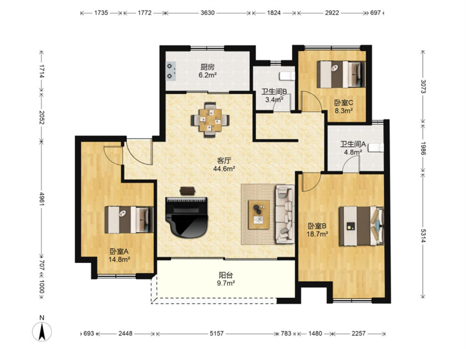 万科翡翠东第 3室2厅2卫 128m&sup2;