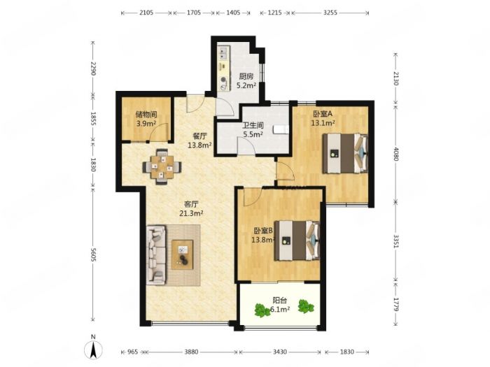 盛和花半里 2室2厅1卫 102m&sup2;