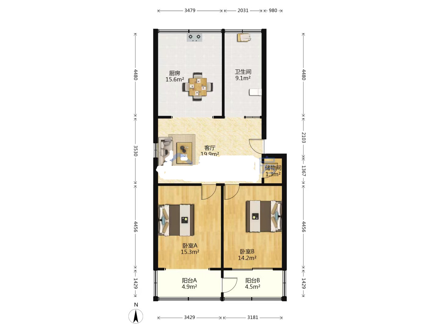 宏丰苑 2室2厅1卫 90.45m&sup2;
