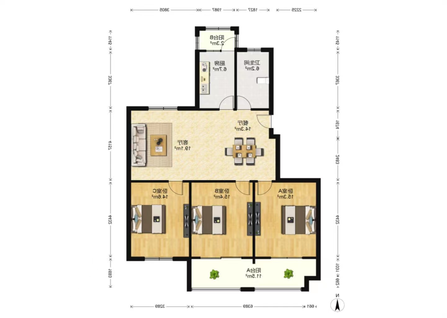 白龙花苑 3室2厅1卫 135m&sup2;