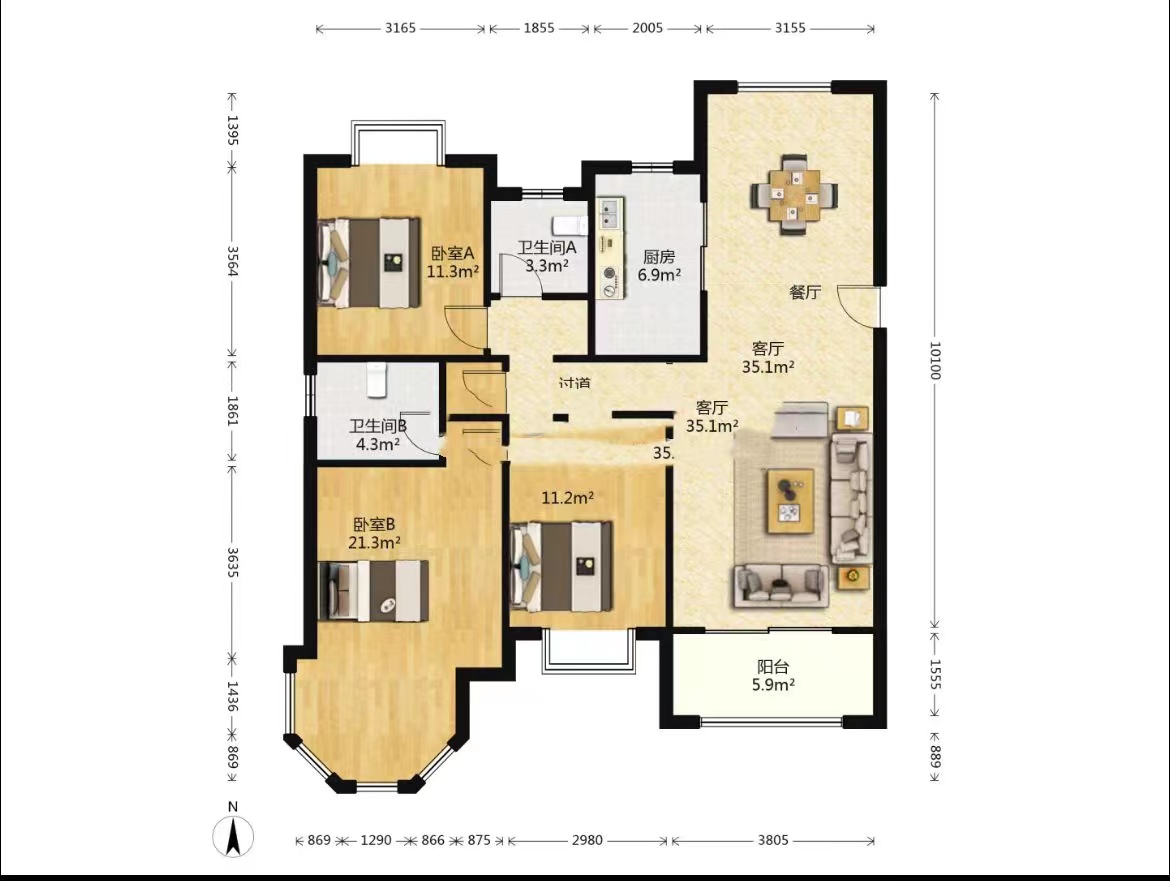 中南世纪花城三期 3室2厅2卫 140.00m&sup2;
