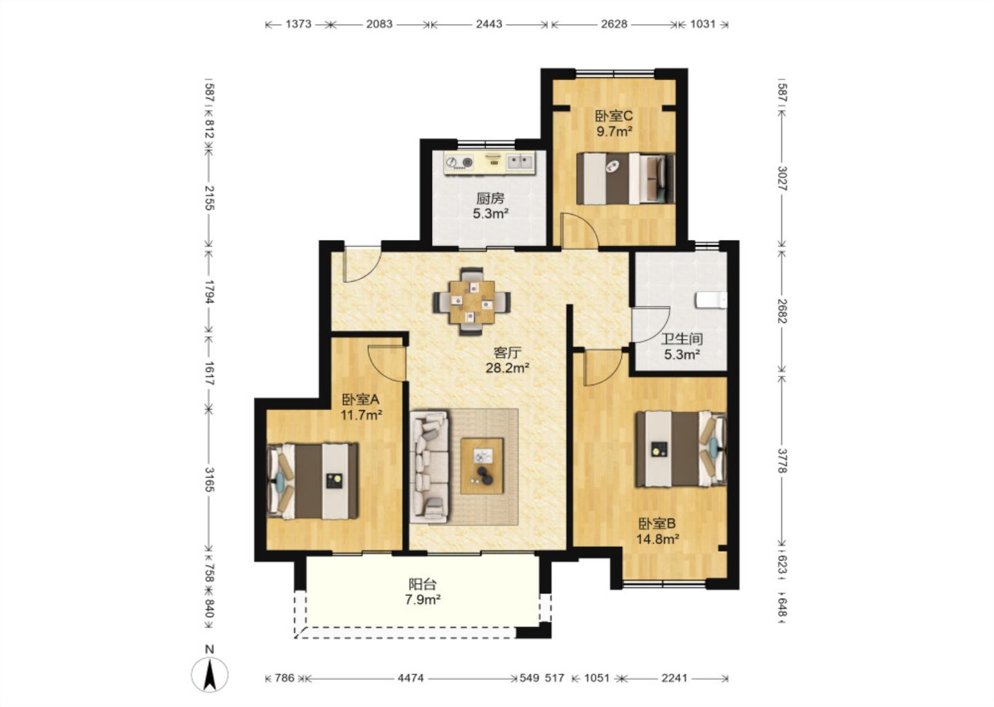万科翡翠东第 3室1厅1卫 96m&sup2;