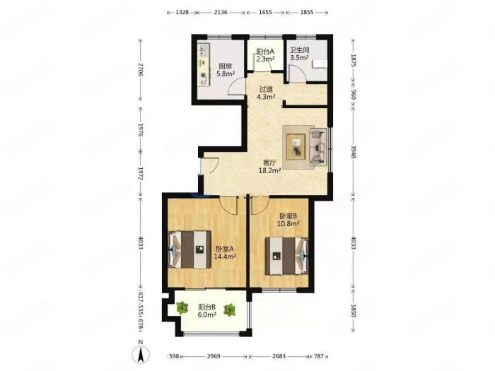 兴石花园 2室1厅1卫 84.79m&sup2;