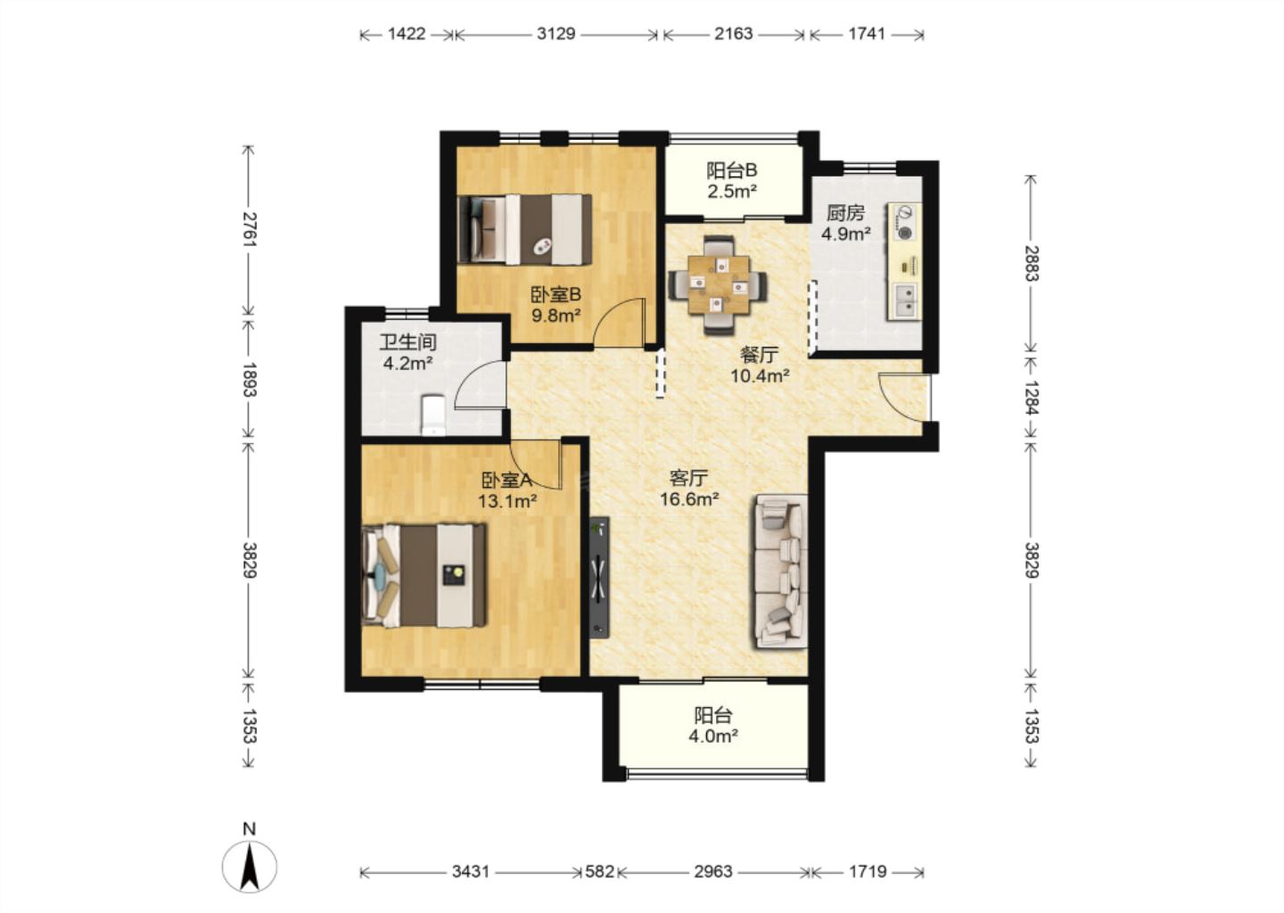 高迪晶城 2室2厅2卫 93m&sup2;