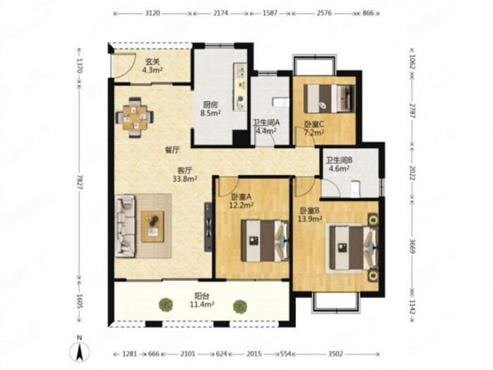 华强城 3室2厅2卫 130m&sup2;