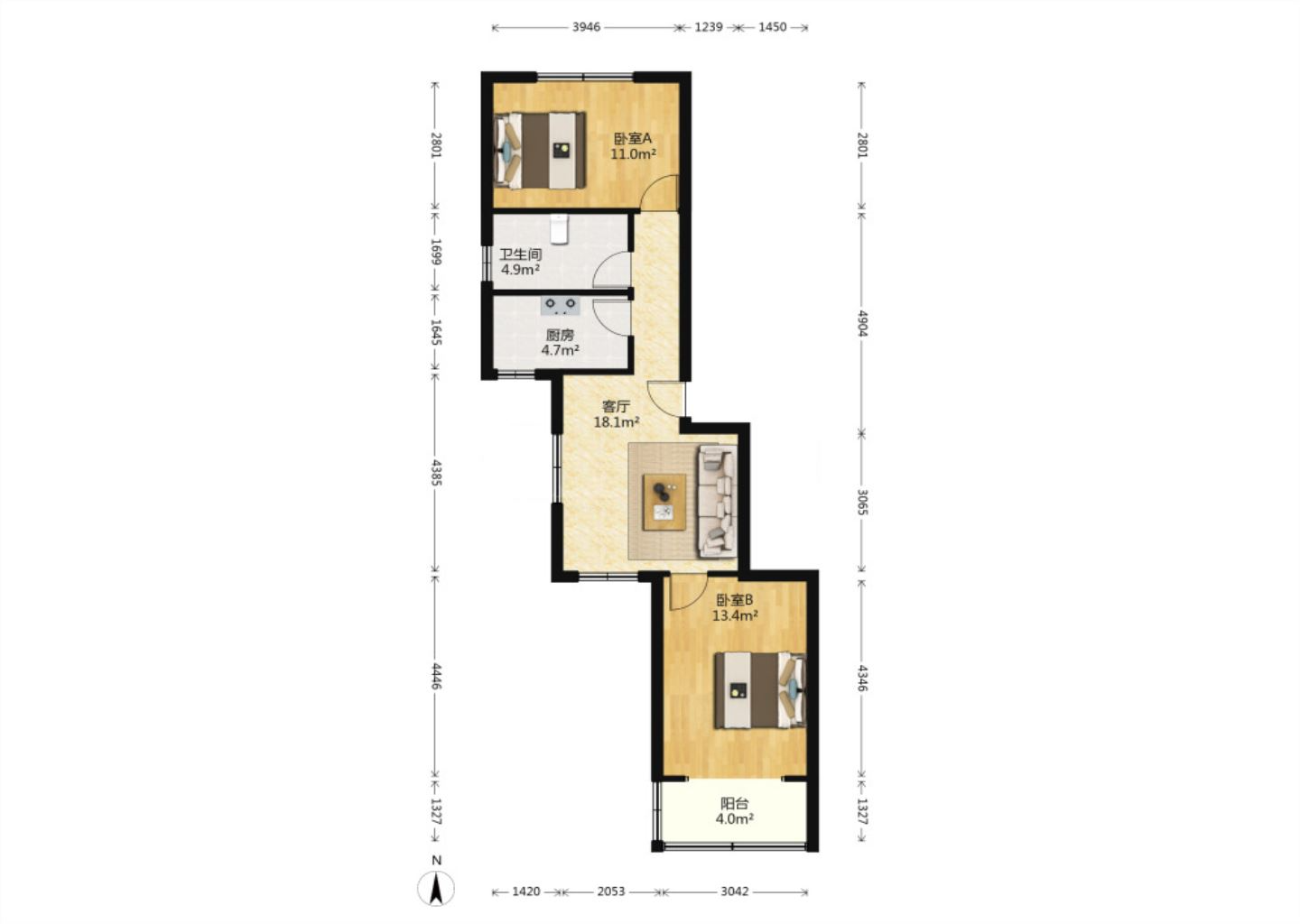 华威园 2室1厅1卫 77.33m&sup2;