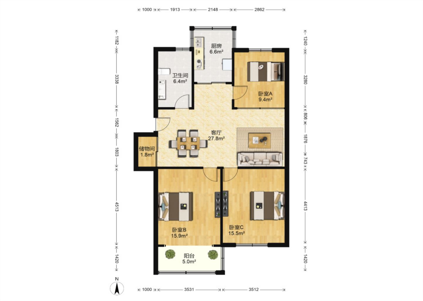 星景花园 3室1厅1卫 99.00m&sup2;