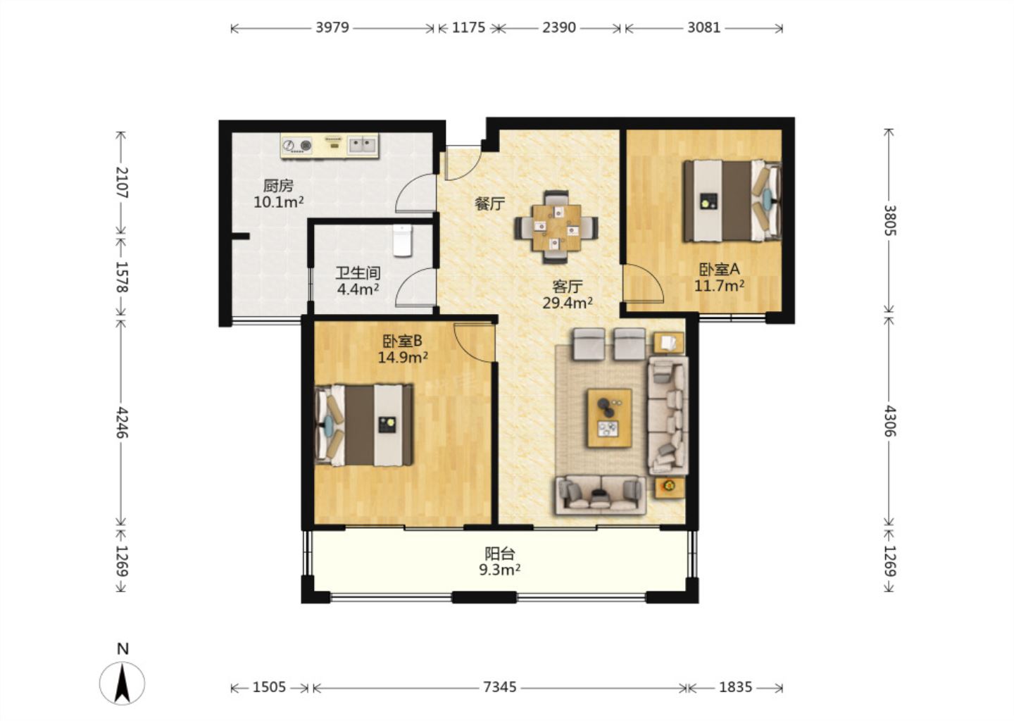 南通橡树湾 2室2厅1卫 90m&sup2;