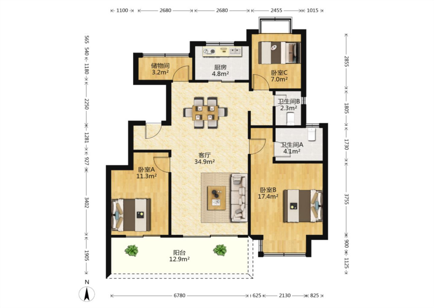 红星天铂 4室2厅2卫 117m&sup2;