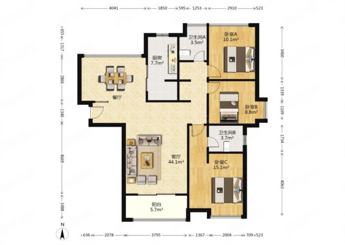 南山国际社区 3室2厅1卫 121.8m&sup2;
