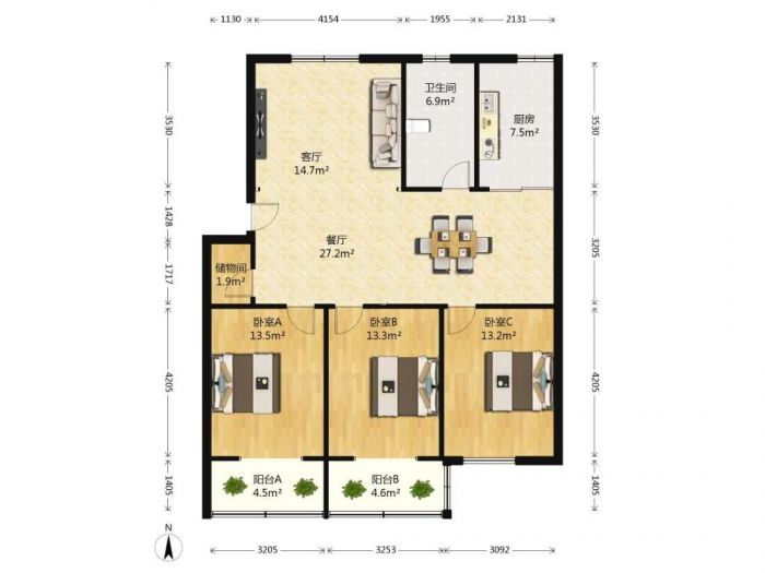 健康公寓 3室2厅1卫 131m&sup2;