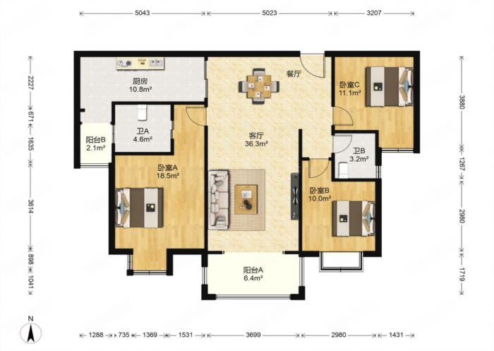华强城 3室2厅2卫 126.00m&sup2;