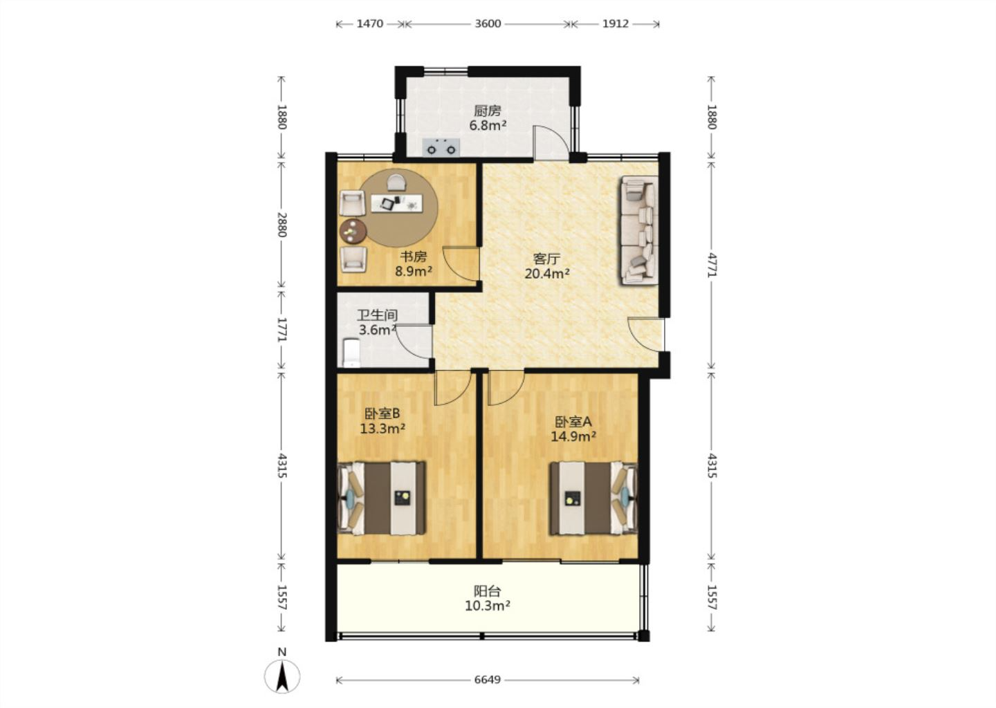 富贵园 3室2厅1卫 107m&sup2;
