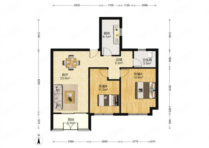 江山鼎 2室2厅1卫 90m&sup2;