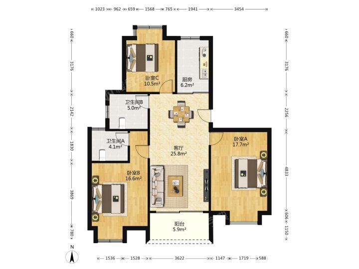 皇家花园北区 3室1厅1卫 118m&sup2;