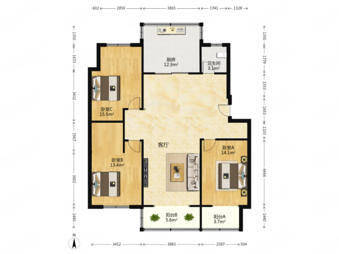 天山花苑 3室2厅1卫 134.09m&sup2;