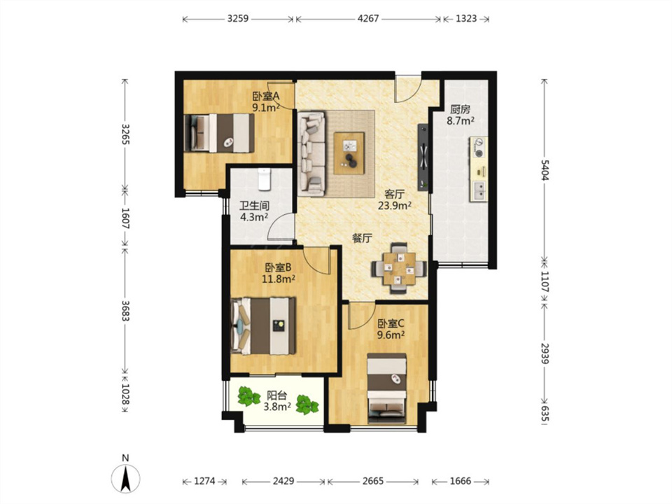 华强城 3室2厅1卫 87m&sup2;