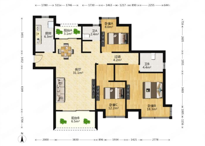 万达华府 3室2厅2卫 120m&sup2;