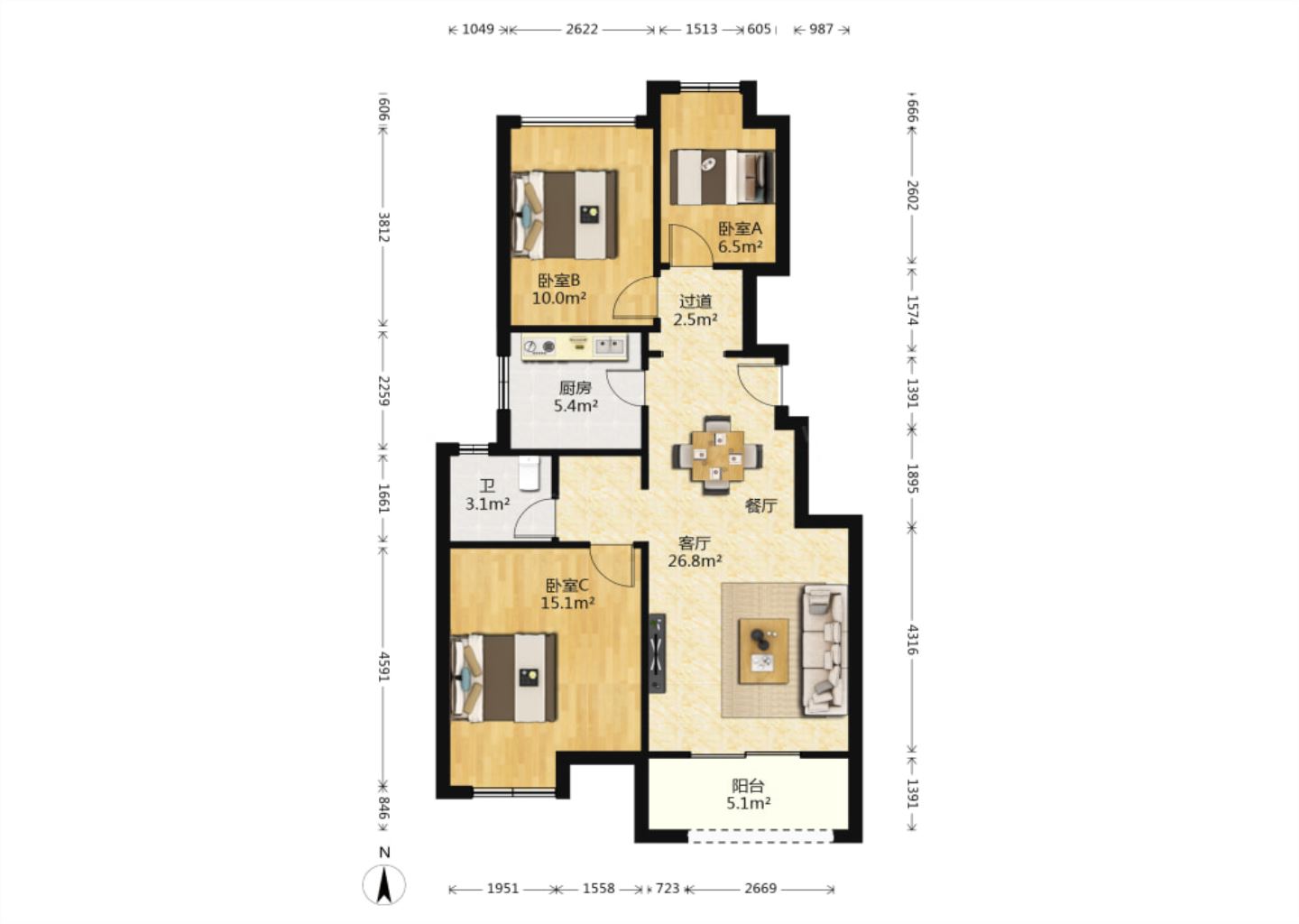 海上传奇 3室2厅1卫 88m&sup2;