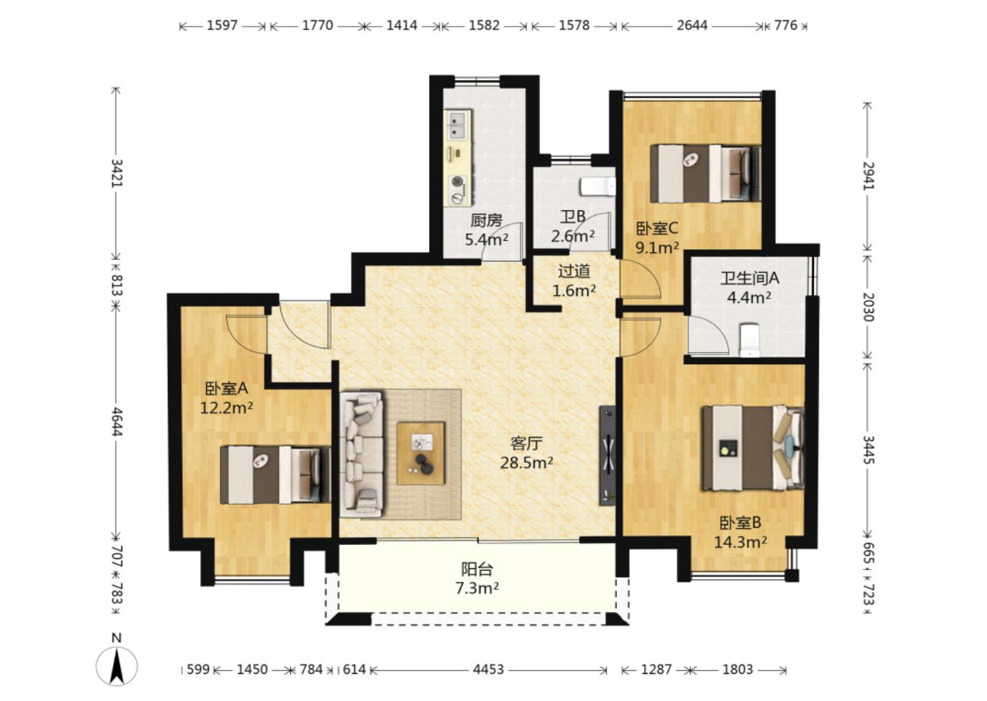 雍华府 3室2厅2卫 110.55m&sup2;