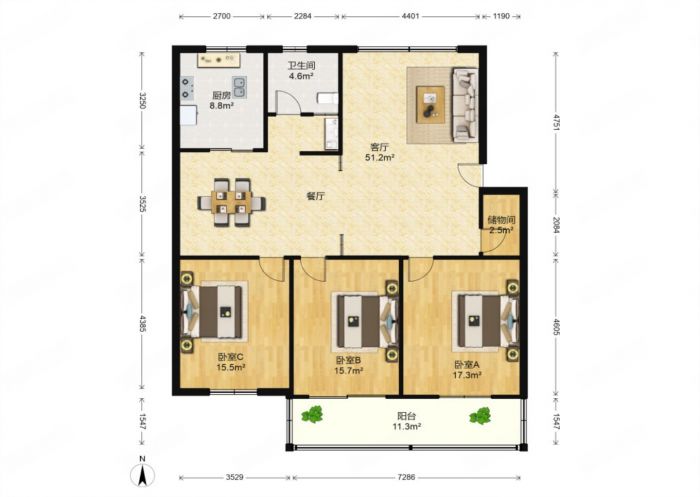金鑫苑 3室2厅2卫 131.20m&sup2;