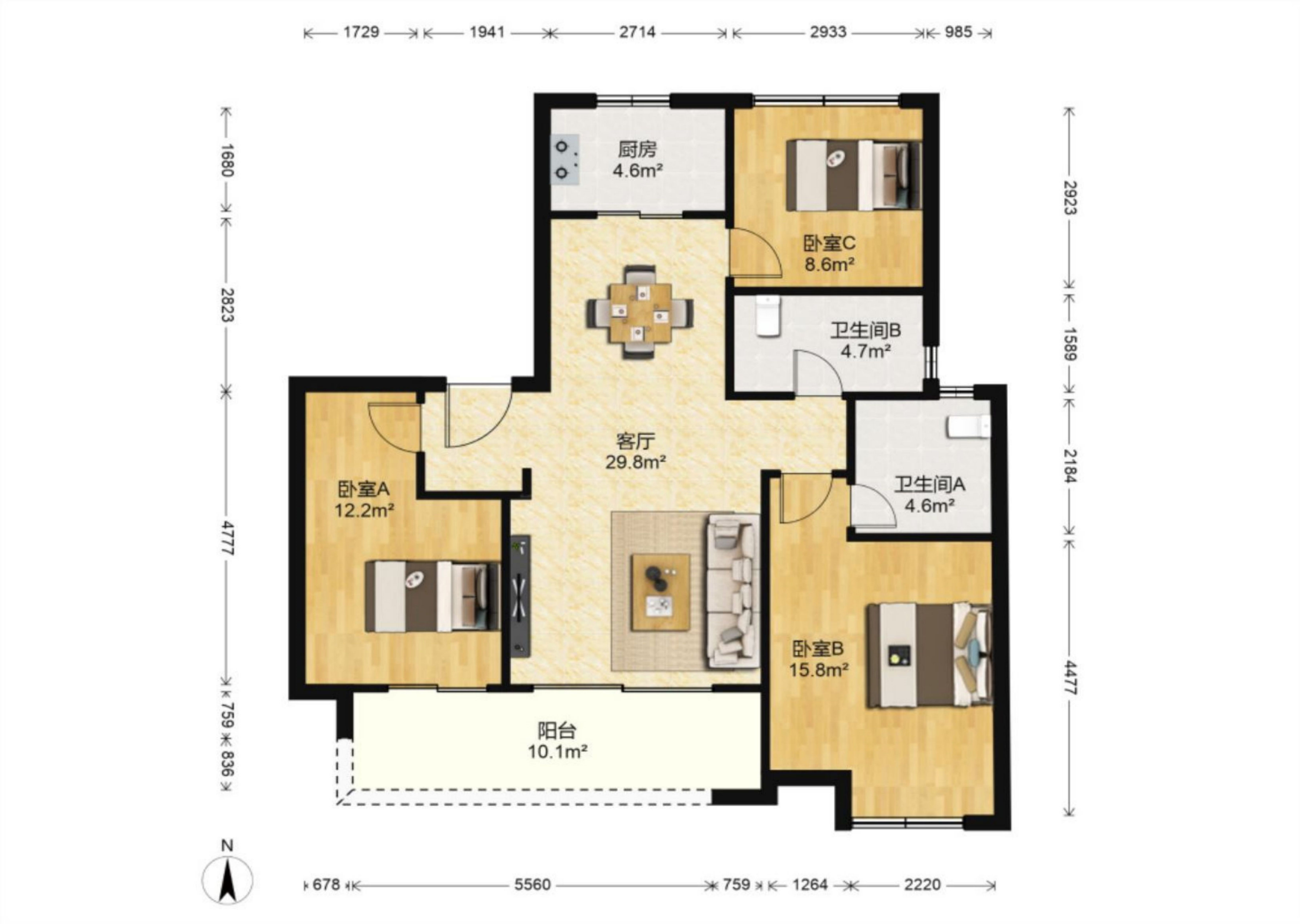 万科翡翠东第 3室2厅1卫 118.56m&sup2;