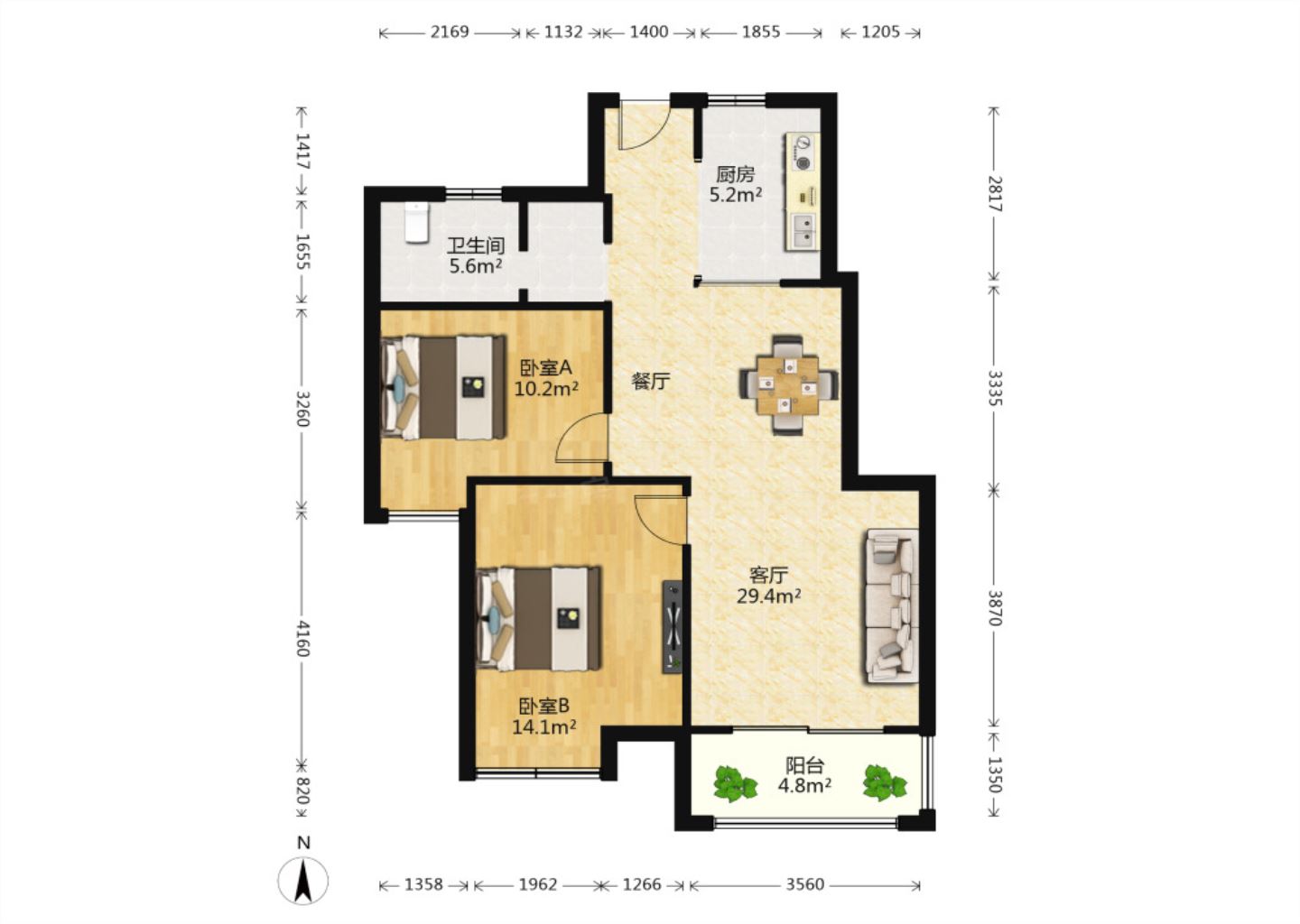 尚海城 2室2厅1卫 89.74m&sup2;