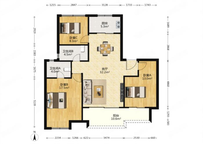 万科翡翠东第 3室2厅2卫 118m&sup2;
